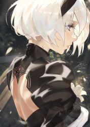 Rule 34 | 1girl, 2b (nier:automata), back cutout, bare back, black dress, black hairband, black headband, blue eyes, clothing cutout, commentary request, dress, fadingz, from side, hairband, headband, highres, nier:automata, nier (series), parted lips, pixiv id, short hair, signature, solo, upper body, white hair
