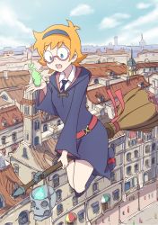 Rule 34 | blonde hair, blue eyes, broom, broom riding, hairband, highres, john zhang, little witch academia, lotte jansson, open mouth, spirit