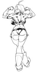 Rule 34 | 1girl, angel (kof), ass, back, backboob, boots, breasts, butt crack, chaps, cowboy boots, cropped jacket, fingerless gloves, flexing, from behind, gloves, greyscale, kemonono (inchiki dou), large breasts, licking lips, monochrome, muscular, muscular female, snk, solo, standing, the king of fighters, tongue, tongue out