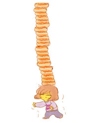 Rule 34 | androgynous, brown hair, closed eyes, frisk (undertale), gender request, hot dog, no mouth, no nose, numata28, on head, shirt, solo, stacking, striped clothes, striped shirt, sweat, trembling, undertale, white background