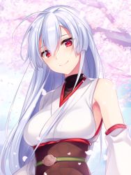 Rule 34 | 1girl, 7dango7, cherry blossoms, detached sleeves, fate/grand order, fate (series), hair down, japanese clothes, obi, red eyes, sash, silver hair, single detached sleeve, smile, solo, tomoe gozen (fate)