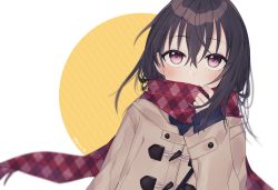 Rule 34 | 1girl, argyle, argyle clothes, argyle scarf, black hair, black sweater, blush, brown jacket, closed mouth, coat, commentary request, diagonal stripes, duffel coat, fujiwara hajime, hair between eyes, hand up, hood, hood down, hooded jacket, idolmaster, idolmaster cinderella girls, jacket, long hair, long sleeves, looking away, looking up, minamiya mia, red eyes, red scarf, ribbed sweater, scarf, sleeves past wrists, smile, solo, striped, striped background, sweater, twitter username, two-tone background, unmoving pattern, white background, yellow background