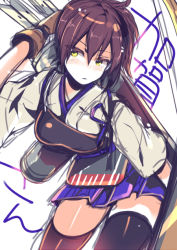 Rule 34 | 10s, 1girl, akishima kei, arrow (projectile), bad id, bad pixiv id, black thighhighs, blush, bow (weapon), breasts, brown hair, kaga (kancolle), kantai collection, muneate, pleated skirt, quiver, short hair, side ponytail, skirt, solo, thighhighs, weapon, yellow eyes, zettai ryouiki