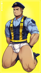 Rule 34 | 1boy, absurdres, arms behind back, bara, beard, boxer briefs, bulge, facial hair, hat, highres, kneeling, large pectorals, leg hair, looking at viewer, male focus, male underwear, mature male, muscular, muscular male, no pants, original, paid reward available, pectorals, police, police hat, police uniform, policeman, paid reward available, shirt, short hair, sideburns, socks, solo, stubble, thick eyebrows, thick thighs, thighs, tight clothes, tight shirt, underwear, uniform, white male underwear, yzpyn