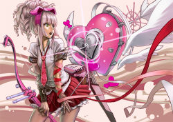 Rule 34 | 1girl, aro (charged time out), bad id, bad pixiv id, bow (weapon), drill hair, green eyes, heart, necktie, open mouth, original, pink hair, pleated skirt, ribbon, school uniform, sidelocks, skirt, solo, weapon, wings, wristband