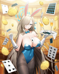 Rule 34 | 1girl, absurdres, animal ears, aqua eyes, asuna (blue archive), asuna (bunny) (blue archive), between breasts, black pantyhose, blue archive, blue bow, blue bowtie, blue leotard, bow, bowtie, breasts, card, cleavage, coin, collarbone, cowboy shot, detached collar, elbow gloves, fake animal ears, gloves, hair over one eye, hairband, highres, large breasts, leotard, light brown hair, long hair, looking at viewer, morung, one eye covered, pantyhose, parted lips, playboy bunny, playing card, rabbit ears, smile, solo, thighs, traditional bowtie, white gloves, white hairband