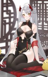 Rule 34 | ahoge, arm support, azur lane, bare shoulders, black thighhighs, breast curtains, breasts, china dress, chinese clothes, cleavage, cleavage cutout, clothing cutout, dress, grey hair, highres, long hair, manjuu (azur lane), mole, mole on breast, multicolored hair, no panties, orange eyes, pelvic curtain, prinz eugen (azur lane), raitho, red hair, shawl, sitting, streaked hair, thighhighs, twintails, wariza