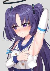 Rule 34 | 1girl, absurdres, arm behind head, arm up, armpits, blue archive, blue sailor collar, blush, breasts, closed mouth, collarbone, crop top, detached sleeves, grey background, halo, highres, kurisu-kun, long hair, long sleeves, looking away, looking down, mischievous straight uniform (blue archive), multicolored hair, parted bangs, purple eyes, purple hair, sailor collar, sideboob, simple background, small breasts, solo, steaming body, sweat, two-tone hair, upper body, v-shaped eyebrows, very long hair, yuuka (blue archive)