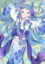 Rule 34 | 10s, 1girl, blue eyes, blue hair, blush, covering own mouth, floral print, flower, hair flower, hair ornament, japanese clothes, kantai collection, kimono, long hair, looking at viewer, lying, matching hair/eyes, morning glory print, on back, samidare (kancolle), solo, very long hair, wataame27, yukata
