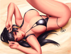 Rule 34 | 1girl, bikini, black bikini, black hair, breasts, cleavage, dead or alive, dead or alive 5, from side, hime cut, large breasts, licking lips, long hair, looking at viewer, looking to the side, lying, mole, mole under mouth, naughty face, nyotengu, o-ring, o-ring bikini, on back, patreon, patreon username, purple eyes, sand, shiny skin, side-tie bikini bottom, solo, svoidist, swimsuit, thighs, tongue, tongue out