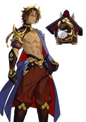 Rule 34 | 1boy, abs, animal, armor, asymmetrical clothes, black footwear, boots, brown hair, brown legwear, bull, character request, clothing request, commentary, cow, cow horns, dark skin, english commentary, from below, genshin impact, gold trim, hand on hilt, highres, horns, katana, knee boots, looking at viewer, male focus, ngkhyn, pectorals, short hair with long locks, shoulder armor, simple background, solo, standing, sword, weapon, white background