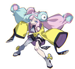 Rule 34 | 1girl, absurdres, black shorts, blue hair, boots, coat, commentary request, creatures (company), game freak, hayakawa harui, highres, iono (pokemon), long hair, multicolored hair, nintendo, pokemon, pokemon sv, purple eyes, purple hair, sharp teeth, shorts, single thighhigh, sleeves past fingers, sleeves past wrists, teeth, thigh strap, thighhighs, two-tone hair, white background, yellow coat