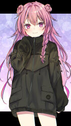 Rule 34 | 1girl, black jacket, blush, bow, braid, closed mouth, copyright request, cowboy shot, double bun, hair between eyes, hair bow, hair bun, hair over shoulder, hand up, highres, jacket, long hair, long sleeves, looking at viewer, pink bow, pink hair, puffy long sleeves, puffy sleeves, purple eyes, single braid, sleeves past fingers, sleeves past wrists, smile, solo, standing, tomozero, very long hair, virtual youtuber