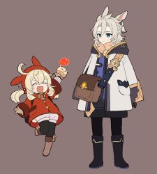 Rule 34 | 1boy, 1girl, :d, ^ ^, albedo (genshin impact), animal ears, animal hood, black footwear, blonde hair, blue eyes, boots, braid, brown background, brown bag, brown gloves, closed eyes, coat, commentary, expressionless, fold-over boots, full body, genshin impact, gloves, grey hair, hair bobbles, hair ornament, highres, hood, jumping, kemonomimi mode, klee (genshin impact), making-of available, marimo jh, multicolored coat, open mouth, puffy shorts, rabbit ears, rabbit hood, red coat, red hood, short twintails, shorts, simple background, smile, standing, symbol-only commentary, twintails, vision (genshin impact)