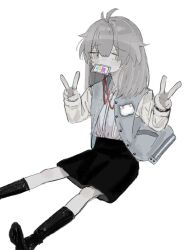 Rule 34 | 1girl, antenna hair, black footwear, black skirt, black socks, blue jacket, collared shirt, double v, full body, grey eyes, grey hair, hands up, highres, hougetsu (moon neetcat), id card, jacket, lanyard, long hair, long sleeves, looking at viewer, mouth hold, open clothes, open jacket, original, shirt, simple background, sitting, skirt, socks, solo, v, white background, white shirt