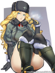 Rule 34 | 1girl, ass, black footwear, black gloves, black thighhighs, blonde hair, blush, boots, breasts, coat, elbow gloves, fur collar, fur hat, gloves, twirling hair, hat, highres, hip focus, knees together feet apart, kolin, kumiko shiba, large breasts, lips, long hair, sitting, solo, street fighter, street fighter v, thighhighs, thighs, ushanka, winter clothes