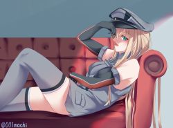 Rule 34 | 001machi, 1girl, absurdres, armor, bad id, bad pixiv id, bismarck (kancolle), blonde hair, blue eyes, breastplate, breasts, cherry, couch, detached sleeves, food, fruit, grey thighhighs, hat, highres, kantai collection, kriegsmarine, large breasts, long hair, military, military hat, military uniform, peaked cap, reclining, thighhighs, twitter username, two-tone background, uniform