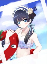 1girl bikini blue_bikini blue_eyes blue_hair blue_ribbon blush closed_mouth commentary cosplay dark_blue_hair flower frilled_bikini frills hair_flower hair_ornament hair_ribbon hand_on_own_hip highres holding holding_swim_ring innertube link!_like!_love_live! long_hair looking_at_viewer love_live! love_live!_school_idol_project low_twintails murano_sayaka natsuiro_egao_de_1_2_jump! no_mole ribbon seya_(0on888) smile solo sonoda_umi sonoda_umi_(cosplay) split_mouth swim_ring swimsuit twintails upper_body virtual_youtuber white_flower