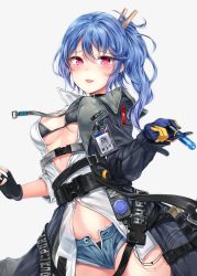 Rule 34 | 1girl, 20mm grenade, 20x30mm grenade, 20x30mm lv p k168, :p, absurdres, ammunition, asymmetrical gloves, bikini, black bikini, black gloves, blue shorts, blush, breasts, cannon cartridge, clothes pin, coat, collarbone, cowboy shot, dress, dummy round, explosive, eyebrows, fingerless gloves, girls&#039; frontline, gloves, grenade, grenade cartridge, grey background, grey coat, hair between eyes, highres, holding, holding grenade, jewelry, k11 (girls&#039; frontline), large-caliber cartridge, leather choker, long hair, long shirt, long sleeves, looking at viewer, medium breasts, messy hair, multiple straps, name tag, open clothes, open coat, parted lips, see-through, shirt, short shorts, shorts, side ponytail, sidelocks, simple background, single fingerless glove, skindentation, smile, solo, stomach, subsonic ammunition, swimsuit, tongue, tongue out, trench coat, unbuttoned pants, uneven gloves, white shirt, zerocat