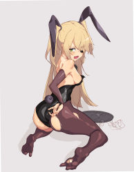 Rule 34 | 1girl, absurdres, adjusting clothes, animal ears, ass, bare shoulders, black gloves, blonde hair, broken, brown pantyhose, cup, eyepatch, fake animal ears, fake tail, fang, fischl (genshin impact), genshin impact, gloves, green eyes, grey background, highres, kkry99, leotard, liquid, long hair, lower teeth only, no shoes, open mouth, pantyhose, playboy bunny, rabbit ears, rabbit tail, shiny clothes, shiny skin, short twintails, simple background, single glove, skin fang, solo, spill, tail, tearing up, teeth, tongue, torn, torn clothes, torn pantyhose, tray, twintails