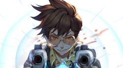 Rule 34 | 1girl, aiming, aiming at viewer, black jacket, blood, blood on clothes, blood on face, blood splatter, brown eyes, brown hair, chest harness, collared shirt, dress shirt, freckles, fur trim, glasses, gloves, greetload, grin, harness, highres, jacket, looking at viewer, overwatch, overwatch 1, pointing, pointing at viewer, shirt, short hair, signature, smile, solo, spiked hair, tracer (overwatch), upper body, wing collar, yellow shirt