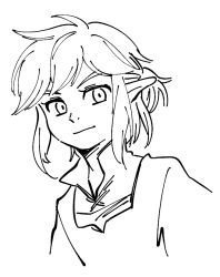 Rule 34 | 1boy, closed mouth, collared shirt, cropped torso, greyscale, happy, link, looking at viewer, male focus, monochrome, nintendo, pointy ears, shirt, short hair, sidelocks, simple background, sketch, smile, solo, the legend of zelda, the legend of zelda: breath of the wild, ukata, upper body, white background