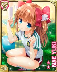 Rule 34 | 2girls, arms up, ball, blue eyes, brown hair, buruma, card (medium), character name, clenched hands, from above, girlfriend (kari), gym uniform, kneehighs, long hair, looking up, multiple girls, outdoors, qp:flapper, ribbon, shirt, shoes, smile, sneakers, socks, squatting, twintails, two side up, white legwear, yuuki nae