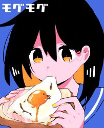 Rule 34 | 1girl, black hair, blue background, blue sailor collar, blush, bread slice, commentary request, eating, fingernails, food, hair between eyes, ham, hands up, holding, holding food, looking at viewer, nail polish, nose blush, orange nails, original, outo eguchi, portrait, sailor collar, short hair, simple background, solo, sunny side up egg, toast, translation request, yellow eyes, yellow nails