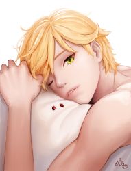 Rule 34 | 1boy, adrien agreste, ango, ankkoyom, bad id, bad pixiv id, blonde hair, bug, earrings, face, green eyes, highres, insect, jewelry, ladybug, looking at viewer, male focus, miraculous ladybug, one eye closed, parted lips, pillow, pin, signature, simple background, solo, stud earrings, swept bangs, topless male, white background