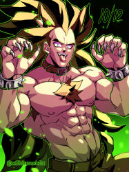 Rule 34 | 1boy, :p, alternate facial hair, armpit hair, armpit hair peek, bara, black hair, body fur, chest tuft, claw pose, cowboy shot, dated, dragon ball, dragonball z, fingernails, halloween, highres, large hands, large pectorals, long hair, looking at viewer, male focus, muscular, muscular male, navel, navel hair, nipples, open mouth, pectorals, raditz, sharp fingernails, shironek0, smile, solo, sparse stubble, spiked hair, standing, stomach, thick eyebrows, tongue, tongue out, topless male, v-taper, very long hair