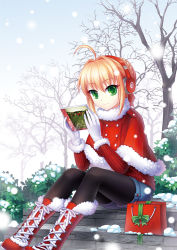 Rule 34 | 1girl, ahoge, alternate costume, artoria pendragon (all), artoria pendragon (fate), bag, beats by dr. dre, black pantyhose, blonde hair, boots, capelet, cd case, christmas, coat, fate/stay night, fate/zero, fate (series), full body, gloves, green eyes, hair ribbon, hat, headphones, leggings, leggings under shorts, mao a mi mi, pantyhose, pantyhose under shorts, ribbon, saber (fate), santa costume, santa hat, short hair, shorts, sitting, smile, snow, snowing, solo, tree, white gloves, winter