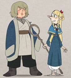 Rule 34 | 2girls, absurdres, alternate art style, blonde hair, blue capelet, boots, braid, brown hair, capelet, closed eyes, dungeon meshi, elf, falin touden, full body, green eyes, grin, highres, holding, hood, hooded capelet, long hair, long sleeves, marcille donato, multiple girls, pcktknife, pointy ears, pointy nose, short hair, simple background, smile, staff, standing, steven universe