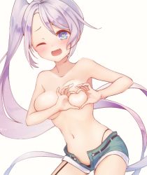 Rule 34 | 1girl, azur lane, blue eyes, blush, breasts, denim, denim shorts, embarrassed, fang, heart, heart-shaped boob challenge, heart-shaped pupils, long hair, looking at viewer, medium breasts, one eye closed, open mouth, portland (azur lane), short shorts, shorts, side ponytail, silver hair, simple background, solo, sumi (kjtd2458), symbol-shaped pupils, topless, very long hair, white background