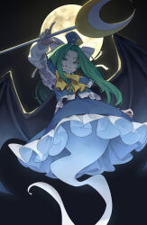 Rule 34 | 1girl, black wings, blue hat, blue shirt, blue skirt, bow, bowtie, demon wings, frilled skirt, frills, from below, full moon, garasuno, ghost tail, green eyes, green hair, grin, hat, highres, holding, long hair, long sleeves, looking at viewer, mima (touhou), moon, shirt, skirt, smile, solo, touhou, touhou (pc-98), wings, yellow bow, yellow bowtie