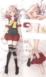 Rule 34 | 1girl, arm up, barefoot, bed sheet, black thighhighs, blush, bow, breasts, closed mouth, commentary request, covered mouth, dakimakura (medium), grey eyes, highres, inui sajuna, light censor, long hair, looking at viewer, multiple views, neki (wakiko), no shoes, nude, pink hair, pleated skirt, red sailor collar, red skirt, sailor collar, school uniform, serafuku, shirt, unworn shirt, short sleeves, skirt, skirt around one leg, small breasts, smile, sono bisque doll wa koi wo suru, sweater vest, thighhighs, thighhighs pull, translation request, two side up, white shirt, yellow bow