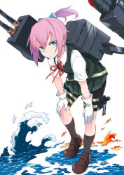Rule 34 | 10s, 1girl, bike shorts, blue eyes, brown footwear, collared shirt, commentary, fire, full body, gloves, green skirt, green vest, grey socks, hair between eyes, hair ornament, hands on own knees, kantai collection, leaning forward, loafers, looking at viewer, machinery, neck ribbon, pink hair, pleated skirt, ponytail, red ribbon, ribbon, shiranui (kancolle), shirt, shoes, short sleeves, shorts, shorts under skirt, skirt, slit pupils, socks, solo, standing, standing on liquid, thigh strap, turret, umoo futon, vest, water, waves, white gloves, white shirt