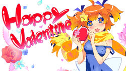 Rule 34 | 1girl, bangle, blue eyes, blush, bracelet, candy, chocolate, chocolate heart, fang, floral background, flower, food, gift, hair ornament, happy valentine, heart, highres, holding, holding gift, jewelry, looking at viewer, one-piece swimsuit, orange hair, petals, plim, red flower, red rose, rose, rose petals, scarf, school swimsuit, short twintails, solo, star-shaped pupils, star (symbol), star hair ornament, strap slip, swimsuit, symbol-shaped pupils, twinkle soft, twintails, valentine, wallpaper, watanabe akio