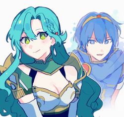 Rule 34 | 1boy, 1girl, :d, aqua hair, armor, bare shoulders, blue cape, blue eyes, blue hair, blue shirt, breastplate, cape, chloe (fire emblem), commentary request, elbow gloves, fire emblem, fire emblem: shadow dragon and the blade of light, fire emblem engage, garasu (o kusolife), gloves, green eyes, hair between eyes, long hair, looking at viewer, marth (fire emblem), nintendo, open mouth, shirt, shoulder armor, smile, tiara, upper body, very long hair, white background, white gloves