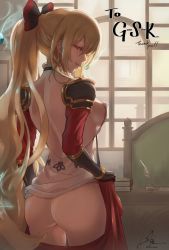 Rule 34 | 1girl, ass, backless outfit, blonde hair, bon mushi, book, book stack, breasts, chair, commentary request, desk, granblue fantasy, highres, indoors, long hair, looking at viewer, looking back, no panties, red eyes, red skirt, red sleeves, shirt, sideboob, skirt, solo, undressing, very long hair, vira (granblue fantasy), white shirt, window