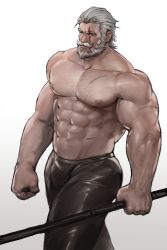 Rule 34 | 1boy, abs, arm hair, bara, beard, blind, bulge, chest hair, dopey (dopq), facial hair, feet out of frame, hair slicked back, highres, holding, holding polearm, holding weapon, large pectorals, latex pants, looking to the side, male focus, mature male, muscular, muscular male, mustache, navel, navel hair, nipples, old, old man, overwatch, overwatch 1, pectorals, polearm, reinhardt (overwatch), scar, scar across eye, scar on arm, scar on chest, scar on face, short hair, solo, stomach, thick eyebrows, thick thighs, thighs, topless male, walking, weapon, white hair, wrinkled skin