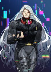 Rule 34 | 1boy, absurdres, alessandro di cagliostro (fate), belt, black bodysuit, bodysuit, braid, bulge, cowboy shot, facial hair, fate/grand order, fate (series), goatee, green eyes, grey hair, heterochromia, higashizumu, highres, legs together, long hair, looking at viewer, male focus, muscular, muscular male, outstretched hand, pectorals, red eyes, solo, thighs