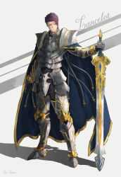 Rule 34 | 1boy, armor, arondight (fate), artist name, bad id, bad pixiv id, blue cape, cape, character name, commentary request, fate/grand order, fate (series), full body, gauntlets, highres, holding, holding sword, holding weapon, lancelot (fate/grand order), male focus, purple eyes, purple hair, ritu kotokai, short hair, shoulder armor, solo, standing, sword, weapon