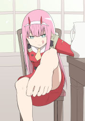 Rule 34 | 10s, 1girl, barefoot, blue eyes, chair, darling in the franxx, feet, foot focus, leg up, licking lips, long hair, looking at viewer, pink hair, pov, salpin, sitting, toes, tongue, tongue out, zero two (darling in the franxx)