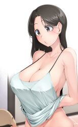 Rule 34 | 1boy, 1girl, aratama (a-tama), balding, black eyes, black hair, blush, breasts, camisole, chestnut mouth, cleavage, clothes lift, covered erect nipples, large breasts, long hair, mature female, old, old man, original, solo focus, spaghetti strap