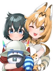 Rule 34 | 2girls, :3, animal ears, bare shoulders, black gloves, black hair, blonde hair, blue eyes, blush, bow, bowtie, cat ears, cat girl, cat tail, commentary request, elbow gloves, extra ears, gloves, hands on another&#039;s shoulders, height difference, helmet, high-waist skirt, highres, kaban (kemono friends), kemono friends, lucky beast (kemono friends), multiple girls, one eye closed, open mouth, pith helmet, print bow, print bowtie, print gloves, print skirt, red shirt, serval (kemono friends), serval print, shirt, short hair, short sleeves, skirt, sleeveless, smile, suya kita, t-shirt, tail, traditional bowtie, upper body, white gloves, white hair, yellow eyes