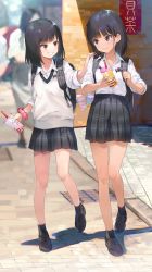 Rule 34 | 2girls, absurdres, backpack, bag, bag charm, black eyes, black footwear, black hair, black legwear, bubble tea, cardigan vest, charm (object), collared shirt, cup, disposable cup, drinking straw, fang, full body, fuzuki fuuro, grey eyes, grin, hand on another&#039;s shoulder, highres, loafers, looking at another, medium hair, mole, mole under eye, multiple girls, non-web source, original, outdoors, pleated skirt, school uniform, scrunchie, shirt, shoes, sidewalk, skirt, sleeves rolled up, smile, socks, tan, teeth, white shirt, wrist scrunchie