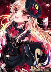 Rule 34 | 1girl, :d, arm up, black dress, blonde hair, blush, bow, bowtie, detached sleeves, dress, fang, floating hair, gothic lolita, hair ornament, heart, heart-shaped pupils, highres, holding, holding behind back, lolita fashion, long hair, looking at viewer, mayu (vocaloid), open mouth, raiyo (pixiv16261673), red bow, red eyes, short dress, sleeveless, sleeveless dress, smile, solo, symbol-shaped pupils, very long hair, vocaloid