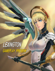 Rule 34 | 1girl, blonde hair, blue eyes, bodysuit, breasts, cosplay, covered erect nipples, eyelashes, hair down, halo, highres, iowa (iowa in rest), lexington (warship girls r), lips, long hair, looking at viewer, mechanical halo, mercy (overwatch), mercy (overwatch) (cosplay), nose, overwatch, overwatch 1, solo, staff, taut clothes, warship girls r