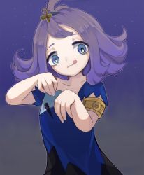 Rule 34 | 1girl, 243 14, :3, acerola (pokemon), armlet, blue eyes, bright pupils, collarbone, creatures (company), dress, elite four, flipped hair, game freak, hair ornament, half updo, nintendo, pokemon, pokemon sm, purple hair, short hair, short sleeves, solo, star (sky), stitches, tongue, tongue out, topknot, torn clothes, torn dress, trial captain, upper body