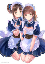 Rule 34 | 2girls, blush, breasts, brown eyes, brown hair, closed mouth, hair ornament, hairclip, hand up, hanekoto, long hair, looking at viewer, maid, maid headdress, medium breasts, multiple girls, original, parted bangs, parted lips, ponytail, puffy short sleeves, puffy sleeves, seiza, short sleeves, sidelocks, simple background, sitting, twitter username, white background, wrist cuffs